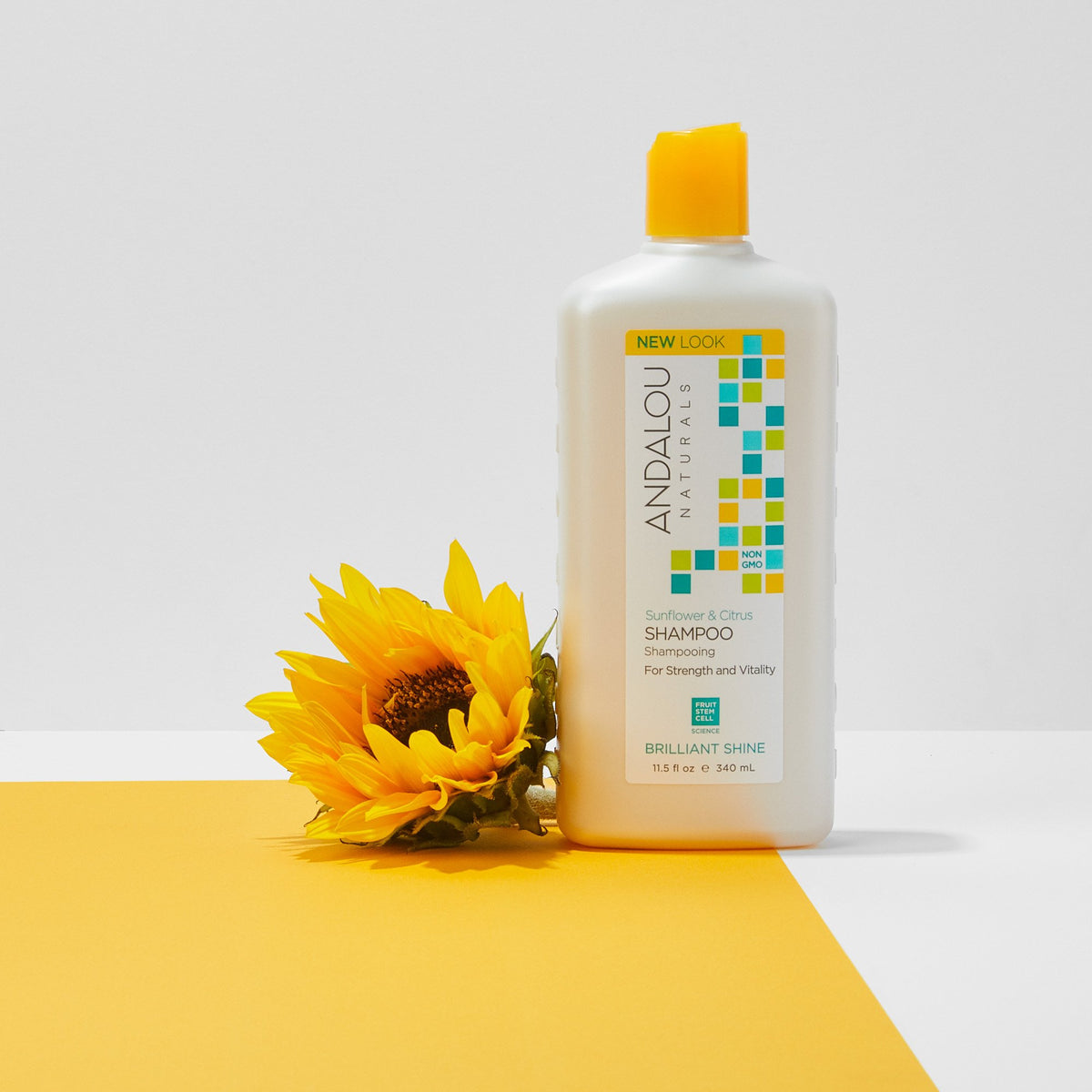 Sunflower & Citrus Brilliant Shine Shampoo bottle with a sunflower