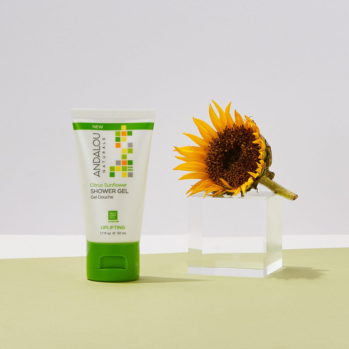 Trial Size Citrus Sunflower Uplifting Shower Gel bottle with a sunflower