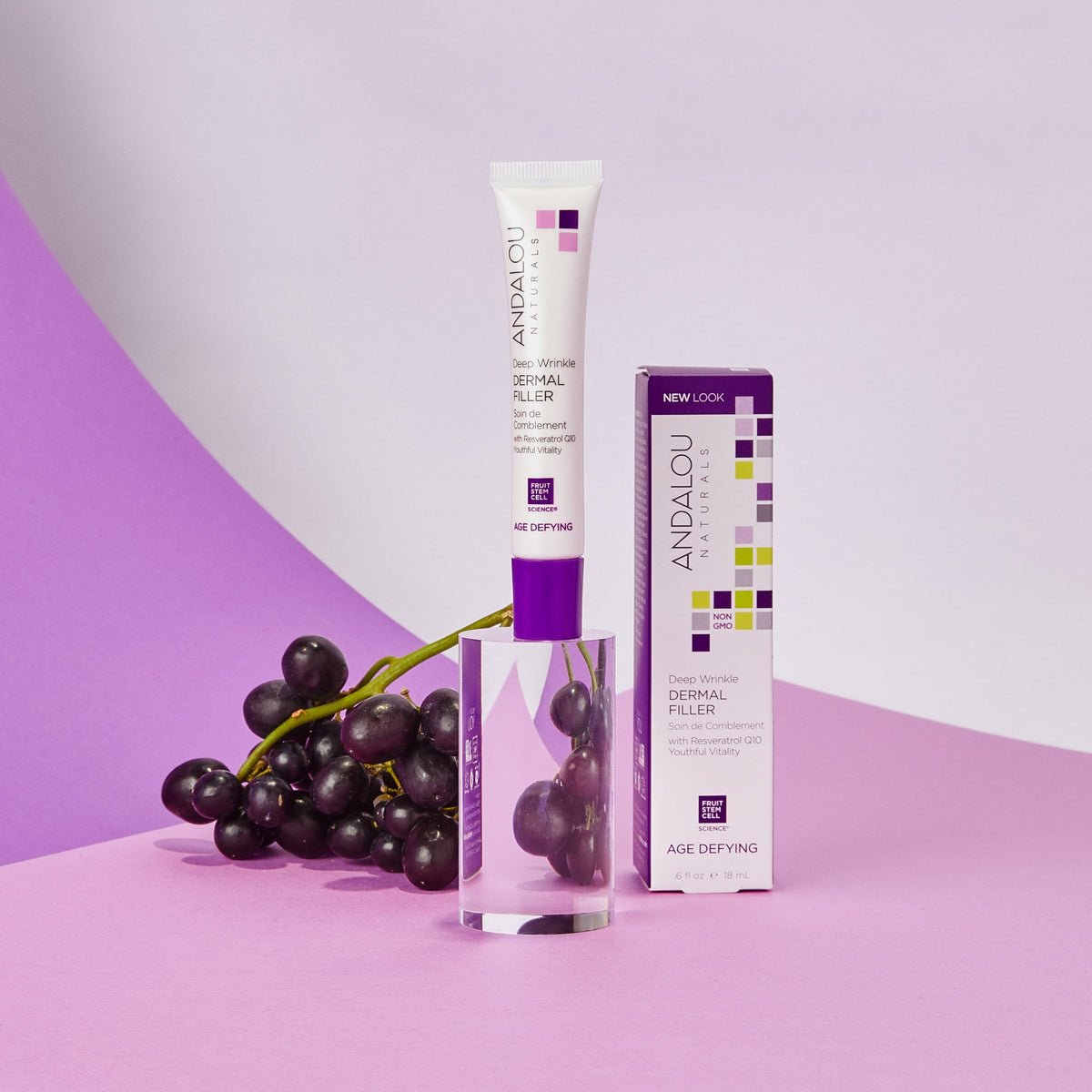 Age Defying Deep Wrinkle Dermal Filler tube and box with concord grapes